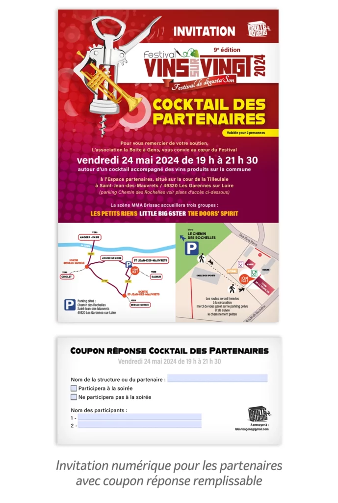 Invitation numérique au cocktail des partenaires, avec un coupon réponse remplissable directement sur ordinateur (zones violettes)